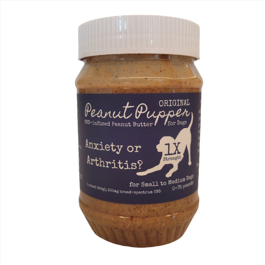 Peanut Pupper Original CBD-infused Peanut Butter for Dogs 1x strength for small to medium dogs up to 75 pounds. Net weight 1 pound (454g), contains 300mg broad-spectrum CBD