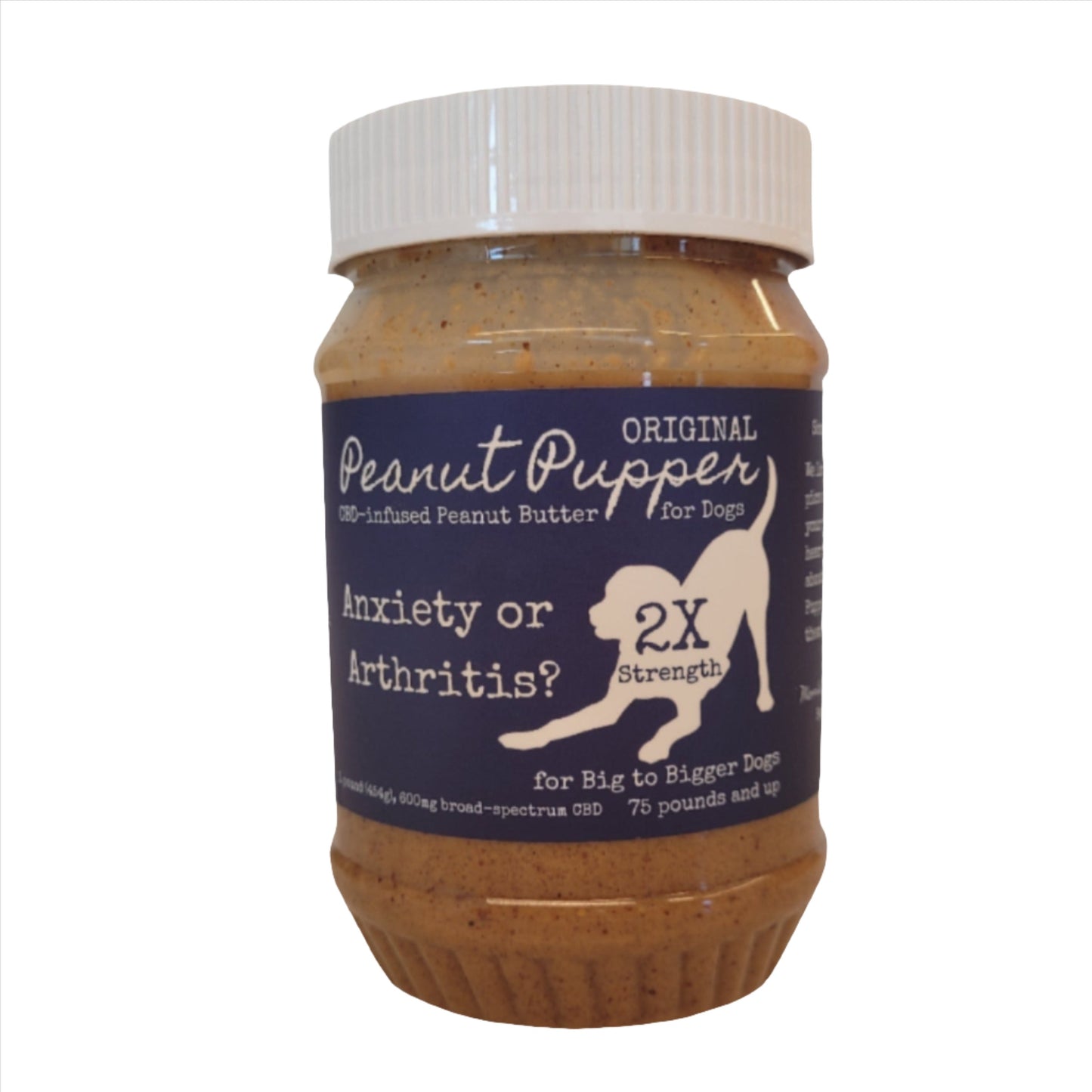 Peanut Pupper Original CBD-infused Peanut Butter for Dogs. 2x Strength for Big to Bigger Dogs 75 pounds and up. Net weight 1 pound (454g), containing 600 mg broad-spectrum CBD