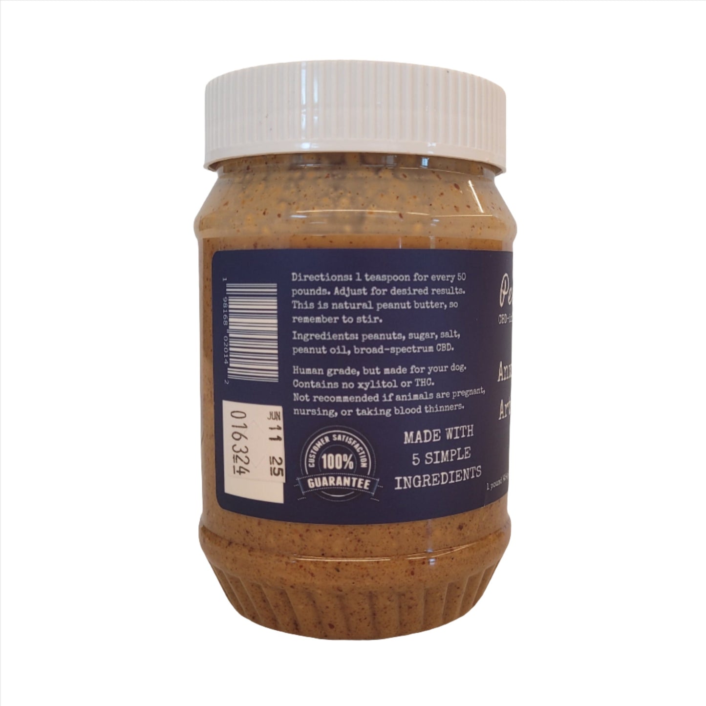 Directions 1 teaspoon for every 50 pounds. Adjust for desired results. This is natural peanut butter, so remember to stir. Ingredients: peanuts, sugar, salt, peanut oil, broad-spectrum CBD. Human grade, but made for your dog. Contains no xylitol or THC. Not recommended if animals are pregnant, nursing, or taking blood thinners. Made with 5 simple ingredients. Customer satisfaction 100% guarantee.